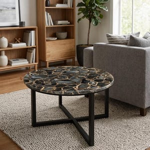 Purple Brown Agate Geode Coffee Table – Handmade Natural Stone Furniture with Iron Base