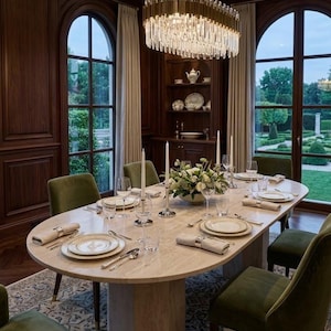 May include: An oval dining table with a light stone top, surrounded by olive green velvet chairs. The table is set with white plates, silver cutlery, linen napkins with metal rings, tall white taper candles, and a central floral arrangement.