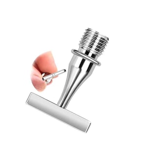 May include: A silver-colored metal bottle stopper featuring a threaded top section and a flat, horizontal T-shaped handle. The stopper has a smooth, polished finish and a tapered neck design, constructed from a durable metallic material.