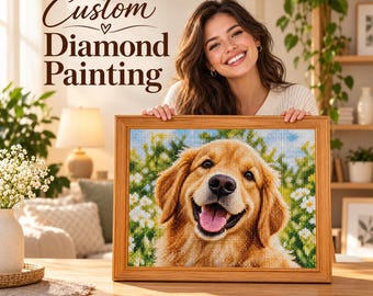 May include: A rectangular wooden frame containing a diamond painting of a golden retriever dog with its mouth open, set against a background of green foliage and white flowers. The text Custom Diamond Painting is printed above.