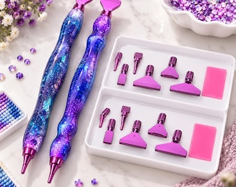 Purple Glitter Resin Diamond Painting Pen Set, 6 Metal Tips, 5D Art Tool