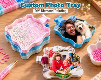 May include: A set of scalloped plastic trays for diamond painting, including two trays featuring custom photo prints of a person with a dog and a child with family, alongside a pink glitter pen and a multi-compartment bead organizer.