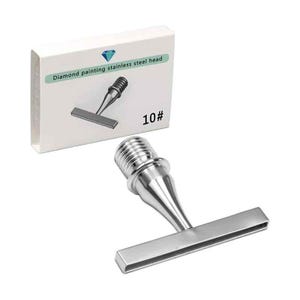 May include: A silver-colored stainless steel diamond painting tool head with a threaded screw base and a wide, flat rectangular tip. The packaging box is white with a blue diamond icon, the text "Diamond painting stainless steel head" and "10#".