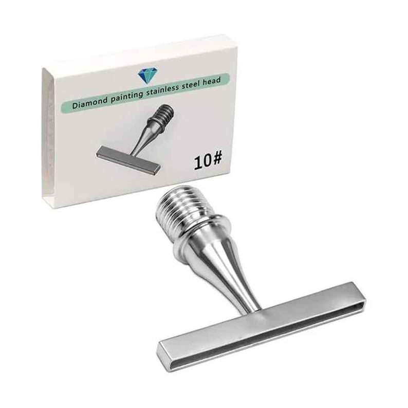 May include: A silver-colored stainless steel diamond painting tool head with a threaded screw base and a wide, flat rectangular tip. The packaging box is white with a blue diamond icon, the text "Diamond painting stainless steel head" and "10#".