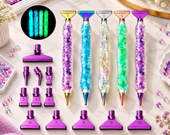 May include: Five diamond painting pens with clear barrels filled with colorful glitter and sequins, featuring interchangeable metal tips in various shapes and sizes, including numbered multi-placer attachments, with a circular inset showing the pens glowing.