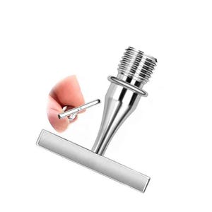 May include: A silver-colored metal T-shaped handle featuring a threaded cylindrical top section and a flat, rectangular horizontal bar at the base. The metallic component has a smooth, polished finish and a distinct screw-thread pattern at the top.