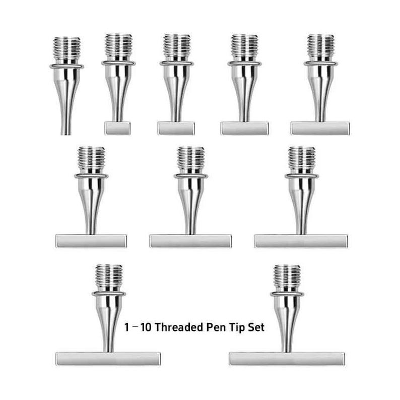 May include: A set of ten silver-colored metal threaded pen tips arranged in three rows. Each tip features a screw-threaded top section, a tapered conical body, and a flat horizontal base. The text 1-10 Threaded Pen Tip Set is visible.