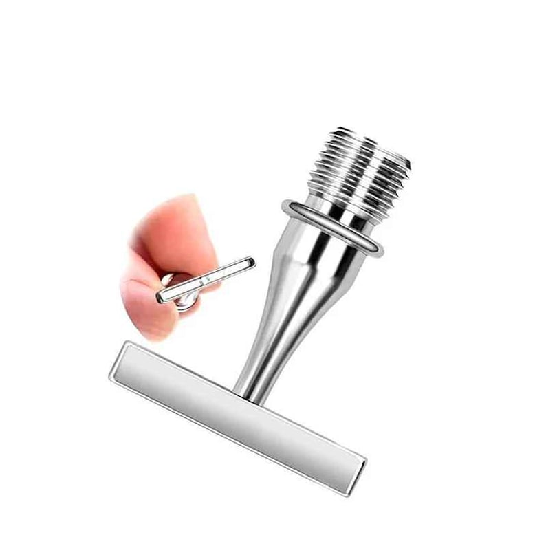 May include: A silver-colored metal T-shaped handle component featuring a threaded cylindrical top section and a smooth, flat horizontal bar at the base. The metallic surface has a polished finish, reflecting light along its vertical stem.