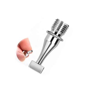 May include: A silver-colored metal component featuring a threaded top section, a smooth tapered neck, and a flat rectangular base. The object has a polished metallic finish and a distinct industrial design with a circular ring detail near the threads.