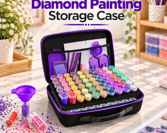 May include: A black diamond painting storage case with a purple zipper, containing numerous small clear jars filled with colorful beads. The open case features foam inserts, mesh pockets, purple trays, and tools. Text reads: Diamond Painting Storage Case.