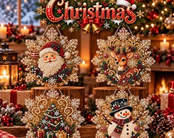 DIY Christmas Snowflake Diamond Painting Suncatcher Kit, Pearl Bead Ornament (Santa, Reindeer, Tree, Snowman)
