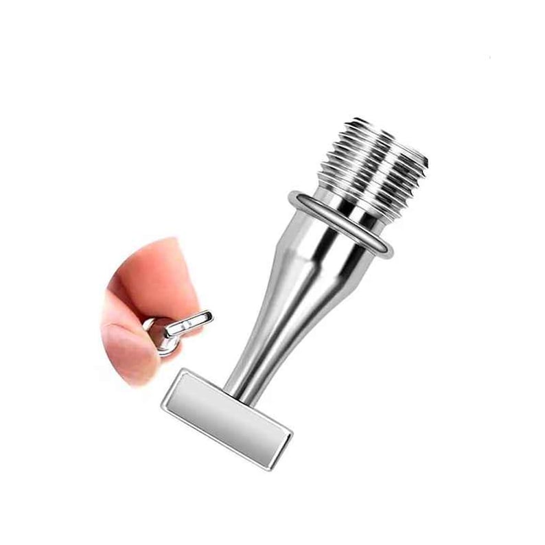 May include: A metallic silver-toned faucet aerator component featuring a threaded cylindrical top section, a smooth tapered neck, and a flat rectangular base. The hardware has a polished, reflective finish and a clean, industrial design structure.