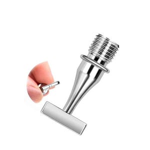 May include: A silver-colored metal faucet aerator featuring a threaded top section for attachment, a tapered neck, and a flat, rectangular handle at the base. The component has a polished, reflective finish and a smooth, metallic texture throughout.