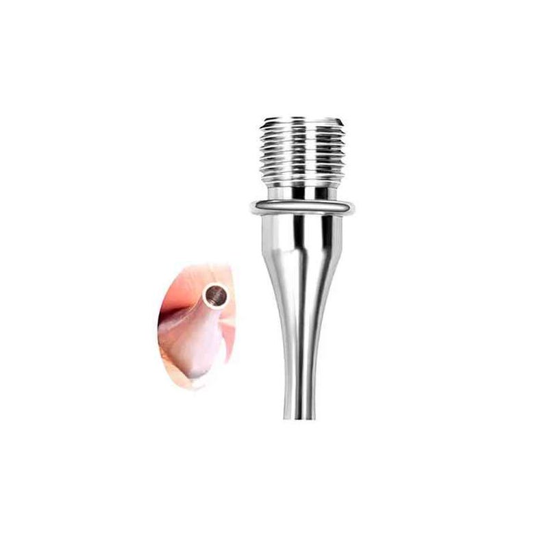 May include: A metallic silver nozzle attachment featuring a threaded top section and a smooth, tapered body. The component has a hollow cylindrical opening at the tip, designed for precise fluid or air flow control in various mechanical applications.