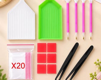 Diamond Painting Tool Kit, Pink Wax Squares, Applicator Pens, Trays, Tweezers (Complete Set)
