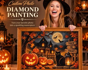 Spooky Halloween Diamond Painting Kit, Haunted House, Pumpkins, Black Cat (DIY Craft)