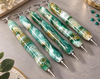 Ergonomic Resin Diamond Painting Pen, Marbled Green Gold (Metal Tips Sold Separately)