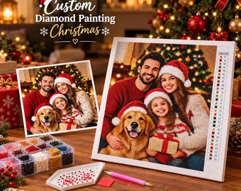 May include: A custom diamond painting kit featuring a family portrait with a dog in Santa hats. The set includes a canvas with a color list, a tray of colorful resin drills, and a pink applicator tool. Text reads Custom Diamond Painting Christmas.