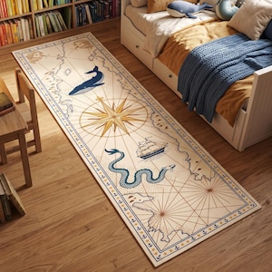 Antique Sea Chart Runner Rug: 17th Century Nautical Map, Whale, Serpent, Compass Rose