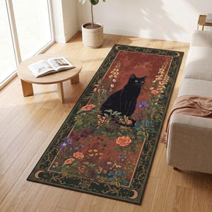 Black Cat Botanical Tarot Runner Rug – Enchanted Garden Hallway Decor