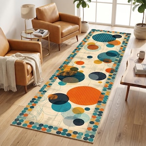 May include: A long rectangular runner rug featuring a cream background with a repeating pattern of large circles in shades of orange, teal, and dark blue. The design includes various geometric textures and a border of small colored circles.