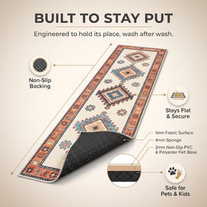Op de afbeelding: Een rechthoekig loperkleed met een cr&egrave;mekleurige achtergrond en geometrische patronen in blauw, oranje en bruin. Het kleed heeft een antislip zwarte PVC-achterkant, een stoffen oppervlak van 1 mm, een sponslaag van 4 mm en een PVC-viltbasis.