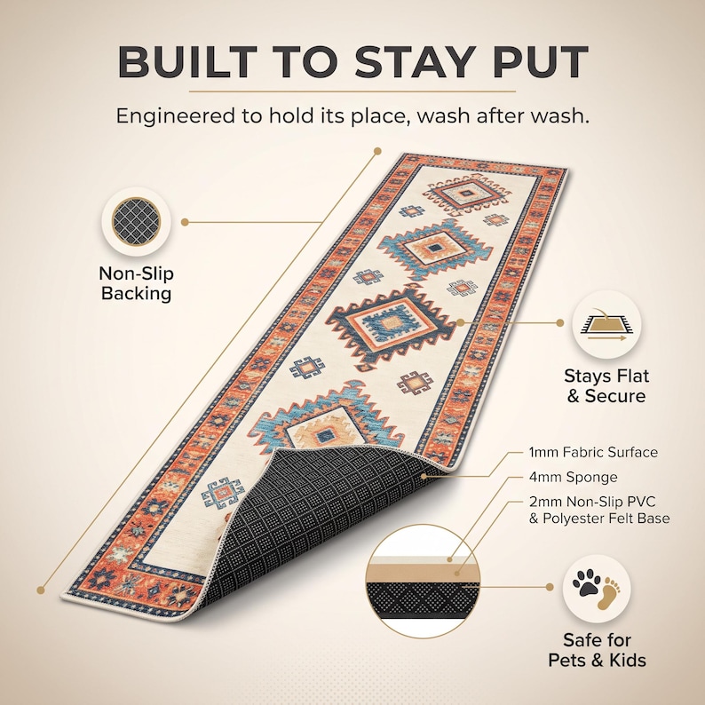 Op de afbeelding: Een rechthoekig loperkleed met een cr&egrave;mekleurige achtergrond en geometrische patronen in blauw, oranje en bruin. Het kleed heeft een antislip zwarte PVC-achterkant, een stoffen oppervlak van 1 mm, een sponslaag van 4 mm en een PVC-viltbasis.