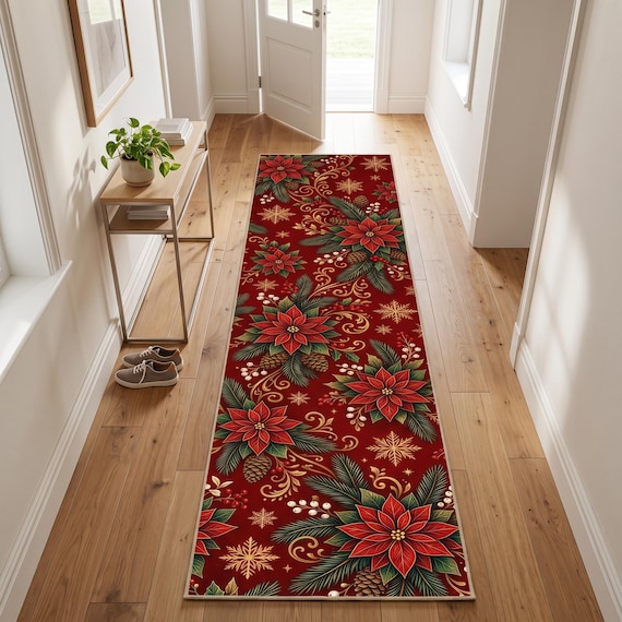 Christmas Runner Rug, Red Poinsettia Pine Cone Holly Gold Snowflake Hallway