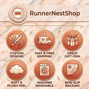 Op de afbeelding: Een RunnerNestShop-afbeelding met zes ronde iconen op een marmeren achtergrond. De iconen tonen een penseel, bestelwagen, cadeau, wolk, wasmachine en een kleed met pootafdruk, voorzien van bijbehorende teksten over de eigenschappen van het product.
