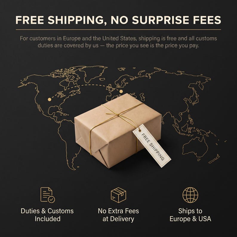Op de afbeelding: Een in bruin papier verpakt pakketje, vastgebonden met een dun gouden touwtje, voorzien van een wit rechthoekig label met de tekst FREE SHIPPING. Het pakket staat centraal op een zwarte achtergrond met een gouden wereldkaart.