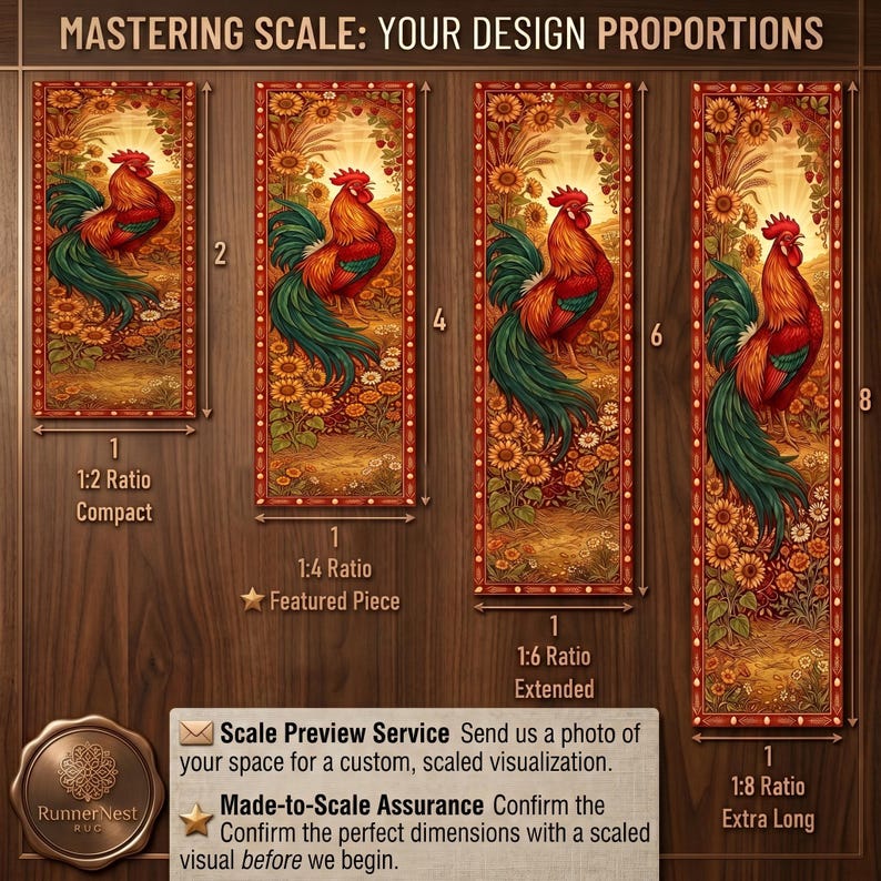 Op de afbeelding: Een ontwerpgids getiteld MASTERING SCALE: YOUR DESIGN PROPORTIONS met vier verticale rechthoekige panelen met illustraties van hanen en zonnebloemen in verhoudingen 1:2, 1:4, 1:6 en 1:8, plus een Scale Preview Service tekstvak.