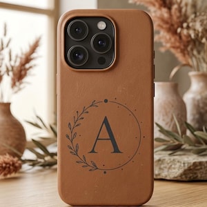 Personligt monogramfodral för mobilen, blommigt initialfodral, premiumläderfinish, tåligt skyddande skal, present till henne