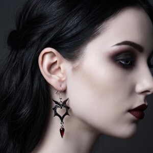 Gothic Bat Heart Earrings, Antique Silver Filigree Vampire Jewelry, Witchy Statement Accessories