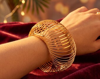 Large Gold Multi-Layer Coil Bangle Bracelet, Bohemian Spiral Wire Cuff, Statement Boho Chic Jewelry