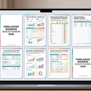 Pode incluir: Uma tela de laptop exibindo um planejador de orçamento digital Freelancer Business Budget Planner 2026. A interface mostra oito páginas distintas, incluindo um rastreador de renda mensal, registro de despesas e resumo financeiro anual.