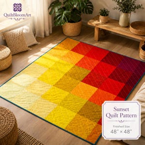 Sunset Quilt Pattern PDF, Modern Color Gradient Quilt, Easy Square Patchwork Wall Hanging, Ombre Throw Quilt Digital Download File