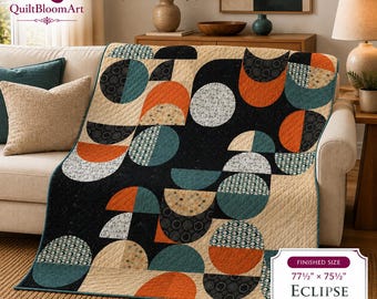 Eclipse Quilt Pattern PDF, Modern Curved Patchwork Throw Quilt, Geometric Circle Blocks, 77.5 x 70.5 Inch Printable Digital Sewing Download