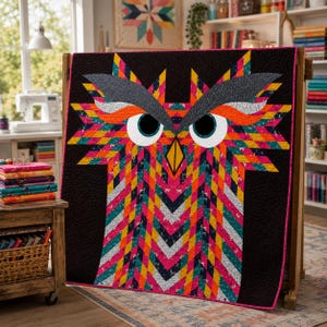 May include: A quilt featuring a large, stylized owl graphic composed of geometric shapes in vibrant shades of pink, orange, yellow, teal, and white against a solid black background. The owl has prominent white eyes and a yellow triangular beak.