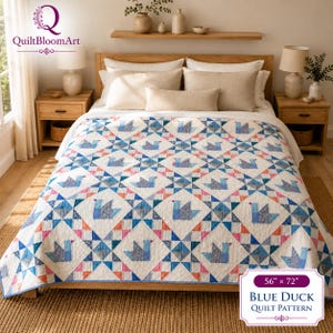 Blue Duck Quilt Pattern PDF, Duck and Star Patchwork Throw Quilt, Advanced Beginner Quilting Project, 56 x 72 Inches Printable PDF Download