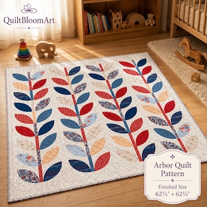 Arbor Quilt Pattern PDF, Leaf Applique Quilt, Modern Botanical Wall Hanging, Red Blue Nursery Throw Quilt, Digital Download Sewing File