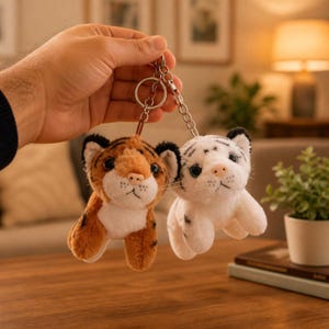 May include: Two plush tiger keychains attached to a silver metal ring. One keychain features a classic orange and black striped tiger, while the other is a white tiger with black stripes. Both have large dark eyes, small ears, and soft fur.