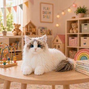 May include: A fluffy white and grey long-haired cat with striking blue eyes resting on a round wooden table. The cat has a soft, thick coat, pointed ears, and a bushy tail. It is positioned in a bright room with various toys and decor visible.