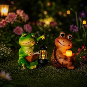 Solar Frog Statue & Turtle Garden Decor Cute Animal Planter Accessory Outdoor Night Light Resin Yard Art Whimsical Fairy Garden Figurine