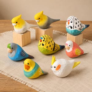 Gift for Bird Lovers, Hand Carved Wooden Parrot Figurine, Cute Desk Decor & Stress Relief Toy Wood Budgie Cockatiel Statue