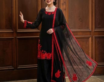 Black Silk Palazzo Suit Set, Red Floral Embroidered Kurti with Dupatta, Indian Wedding Party Wear, Designer Festive Ethnic Dress for Women
