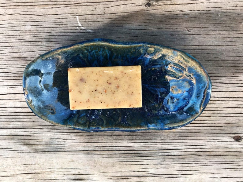 Ceramic Organic Dark Blue Soap Dish Handmade Bowl