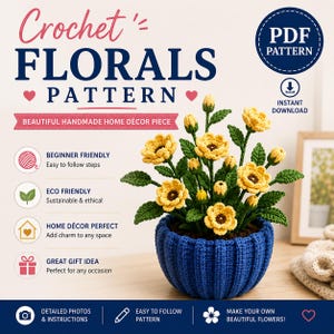 Decoración floral hecha a mano, patrón de flores de ganchillo (descarga instantánea)
