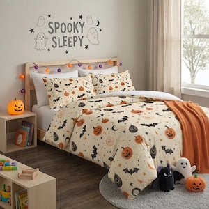 Halloween Bedding Set, Spooky Pumpkin Duvet Cover, Beige Fall Room Decor, Housewarming Gift