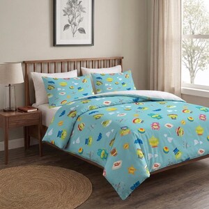 Alien Duvet Cover Set, Space Toy Bedding, Sky Blue Soft Cotton Kids Room Decor