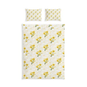 May include: A bedding set consisting of a rectangular duvet cover and two matching rectangular pillowcases. The fabric features a repeating pattern of small yellow flower bouquets with green stems against a light cream background.